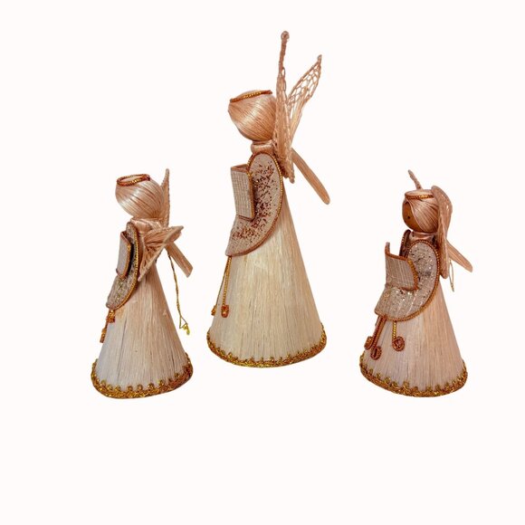 Folk Art Straw Angel Choir Figurines Set Vintage Raffia Christmas Angels Decor - Picture 3 of 11